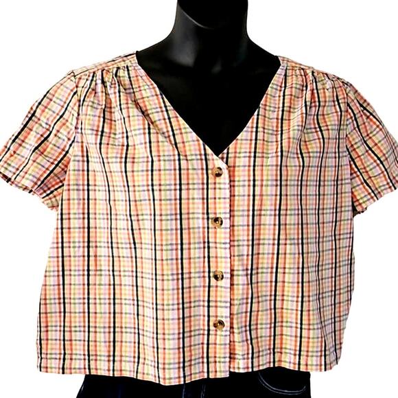 A.N.A Women's Box Cut Plaid Blouse - Size Petite XL - Short Sleeve Button Front - Picture 1 of 6